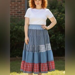 Vintage Napa Valley Tiered Patchwork Denim Maxi Skirt Size XL Boho Cottagecore